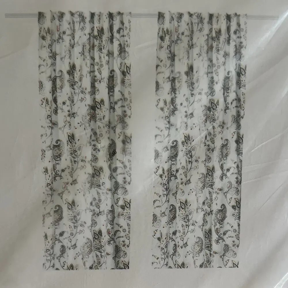Vintage IKEA PUSSMUN 2 Panel Curtains 145x250cm Cotton White Paisley Floral Rod